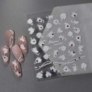 3D embossed white butterfly nail art stickers with pearls and crystals style Co-125