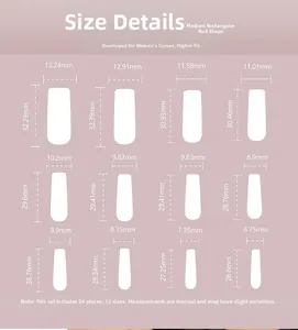 Size chart showing 24 pieces of long square press-on nails in 12 detailed dimensions