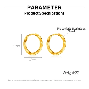 Detail showing 17mm diameter and 2g weight of golden Mobius twist hoop earrings