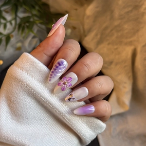 French style purple 3D flower press-on nails with almond shape and gradient finish