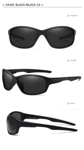 Three-view layout of sand black polarized sports sunglasses showing structure and finish