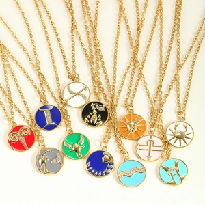 Zodiac Constellation Pendant Necklace Stainless Steel Copper Enamel Rhinestone Inlaid Gold Plated Fashion Jewelry For Women