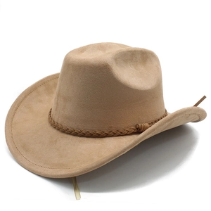 Close-up of suede texture and handcrafted braided leather band on khaki jazz fedora