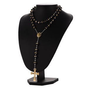 8mm black bead rosary necklace with 18K gold plated stainless steel crucifix pendant