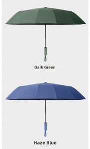 Detail view of foldable automatic umbrellas in Dark Green and Haze Blue colors