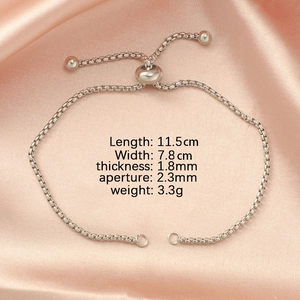 Detailed view of silver stainless steel adjustable bolo bracelet chain with measurements