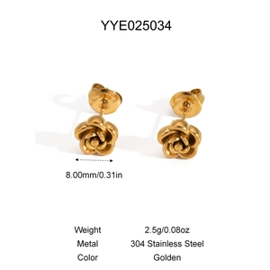 Detail view of 8mm golden rose stud earrings in 304 stainless steel with product specs