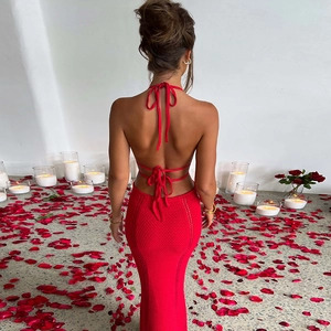 Dettaglio posteriore dell'abito rosso sexy con schiena scoperta su petali di rosa rossi
