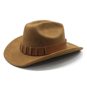 Chapeau de cowboy classique en daim camel avec bandeau décoratif en cuir marron