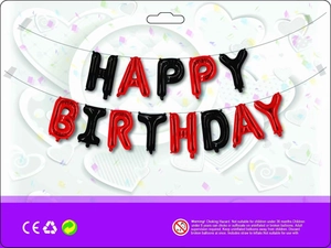Detailed view of red and black Happy Birthday foil balloons with safety warnings and CE logo