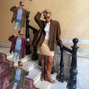 Women's Vintage Suede Blazer Jacket Oversized Loose Fit Long Sleeve Single Breasted Notched Lapel Outerwear With Pockets