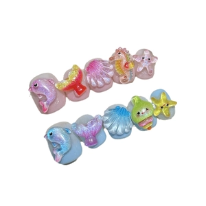 Handmade press-on nails with cute 3D ocean animals, dolphins and glitter shells