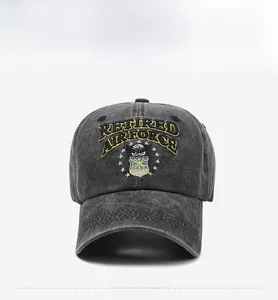 Detailed front view of washed cotton baseball cap with Retired Air Force embroidery