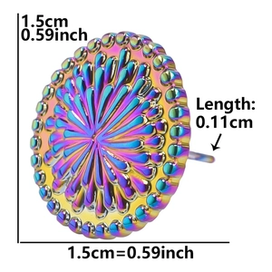Macro view of rainbow electroplated 304 stainless steel earring with 1.5cm diameter size