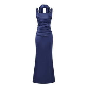 Detail of dark blue satin dress featuring pleated waist and halter neckline