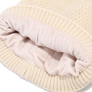 Winter kids warm knitted hat featuring thick fleece lining and beige crochet texture
