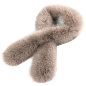 Thick light brown faux fox fur cross scarf for women with soft plush texture