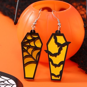 Retro Halloween coffin earrings with spider web and bat patterns on pumpkin bucket
