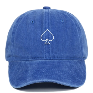 Detail of navy blue washed cotton baseball cap with white spade embroidery on front