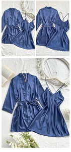 Detail of navy blue silk satin robe and nightdress set with crossed back straps