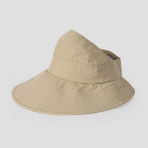 Close-up of khaki sun hat featuring reinforced stitching on wide brim quick-dry fabric