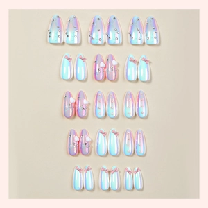 3D Aurora cat eye press-on nails set with pink bows and pearls on almond shape