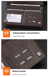 Detail of dark brown leather wallet showing card slots, ID window, and metal buckle