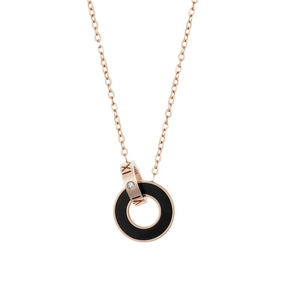 Collier en titane or rose avec anneaux romains entrelacés et incrustation d'émail noir