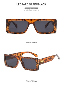 Front and side views of leopard print rectangular sunglasses with gold temple accents