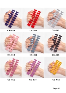 Nine solid colors of self-adhesive nail polish wraps shown in a grid display