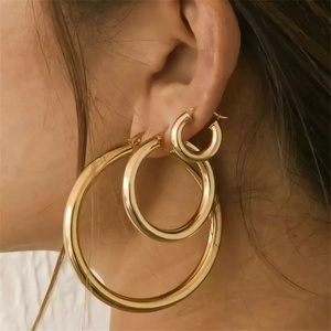 Hoop Earrings Stainless Steel 18K Gold Plated Thick Hollow Round Geometric Minimalism Elegant Jewelry For Women