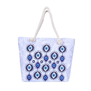Light purple beach tote bag with blue evil eye pattern and nautical rope handles