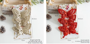 Close-up of glittery Christmas butterfly ornaments with dimensions and packing details