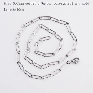 Detail of silver stainless steel paperclip chain necklace with lobster clasp and dimensions