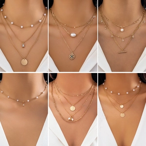 Bohemian Layered Necklace With Bronze Chain Alloy Imitation Artificial Pearl Zircon Heart Star Moon Coin Pendants Fashion For Women