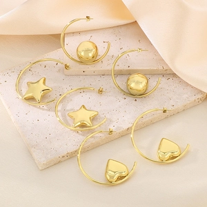 Three pairs of elegant 18k gold-plated C-shaped hoop earrings with star and heart charms