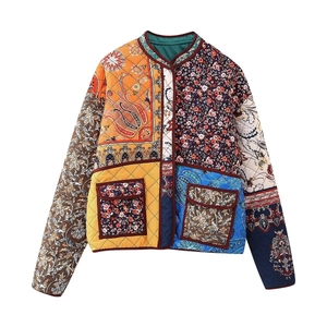 Women Quilted Patchwork Jacket Retro Paisley Floral Print Bohemian Lightweight Long Sleeve Outerwear