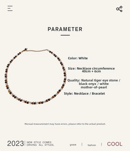 Detail of natural tiger eye, black agate, and mop beads on 40cm necklace with extension