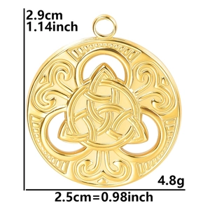 Macro shot of 18k gold plated witch knot pendant with detailed size and weight specs
