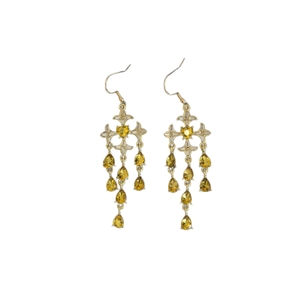 Vintage gold chandelier earrings with yellow teardrop star pendant and crystal fringe