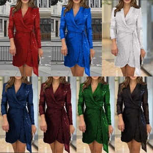 Mini abito sexy da donna con paillettes, scollo a V e cintura in sette diverse varianti colore