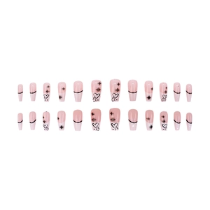 Pink French press-on nails with black heart and star patterns, long coffin shape, 24pcs set