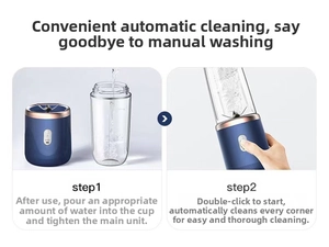 Macro view of portable blender base showing dual-click automatic cleaning function