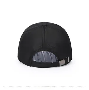 Rear view of black baseball cap showing breathable mesh fabric and adjustable metal buckle