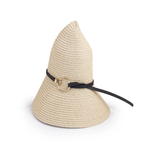 Detail of woven straw sun hat with pointed crown and black belt with golden metal buckle
