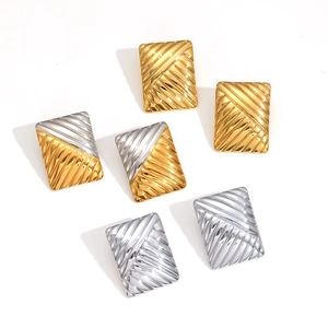 Minimalist square striped titanium steel earrings in gold, silver, and dual-tone finishes