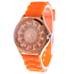 Vibrant orange silicone watch with rose gold case and 3D numeric dial display