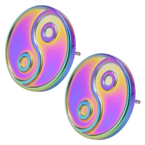 Rainbow stainless steel stud earrings featuring a textured yin yang pattern