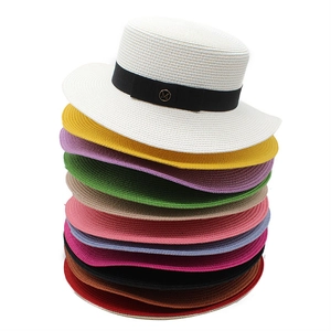 Chapeau Boater En Paille Tissée Femme Protection Solaire Plat Vacances Plage Ruban Décoration Métallique