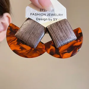 S925 silver needle square resin and wood earrings in geometric patchwork design
